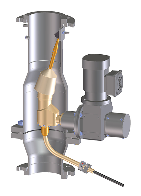 Sectional view of the TWISTER sampler (in-line), which is integrated in the process line, for ejection of a sample for analysis (on-line)